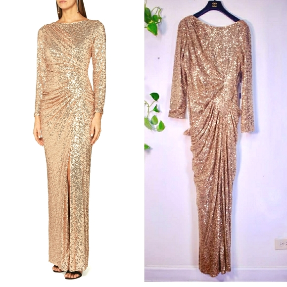$899 NWT Badgley Mischka Gold Sequins Maxi Gown 14 - Picture 12 of 13